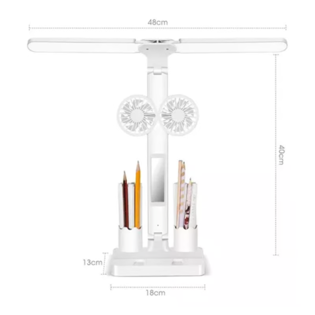Lampara Ventilador de escritorio Luz Led, Espejo de mesa y Portalápices