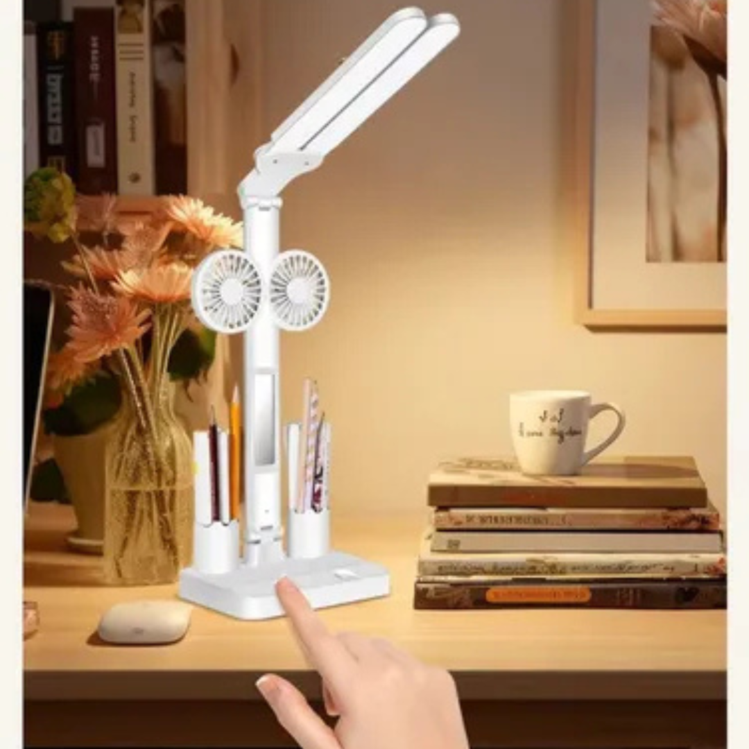Lampara Ventilador de escritorio Luz Led, Espejo de mesa y Portalápices