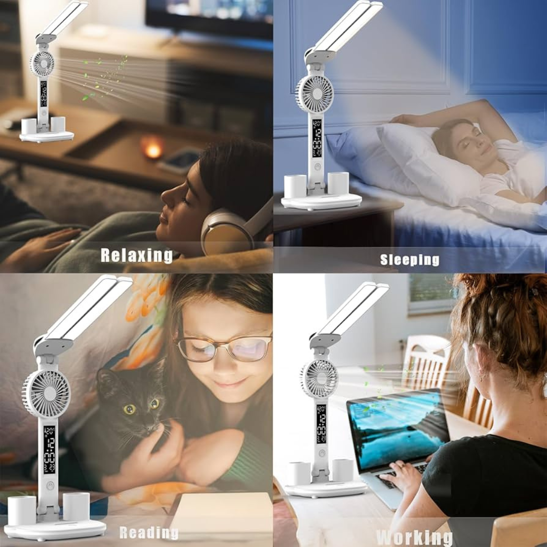 Lampara Ventilador de escritorio Luz Led, Espejo de mesa y Portalápices