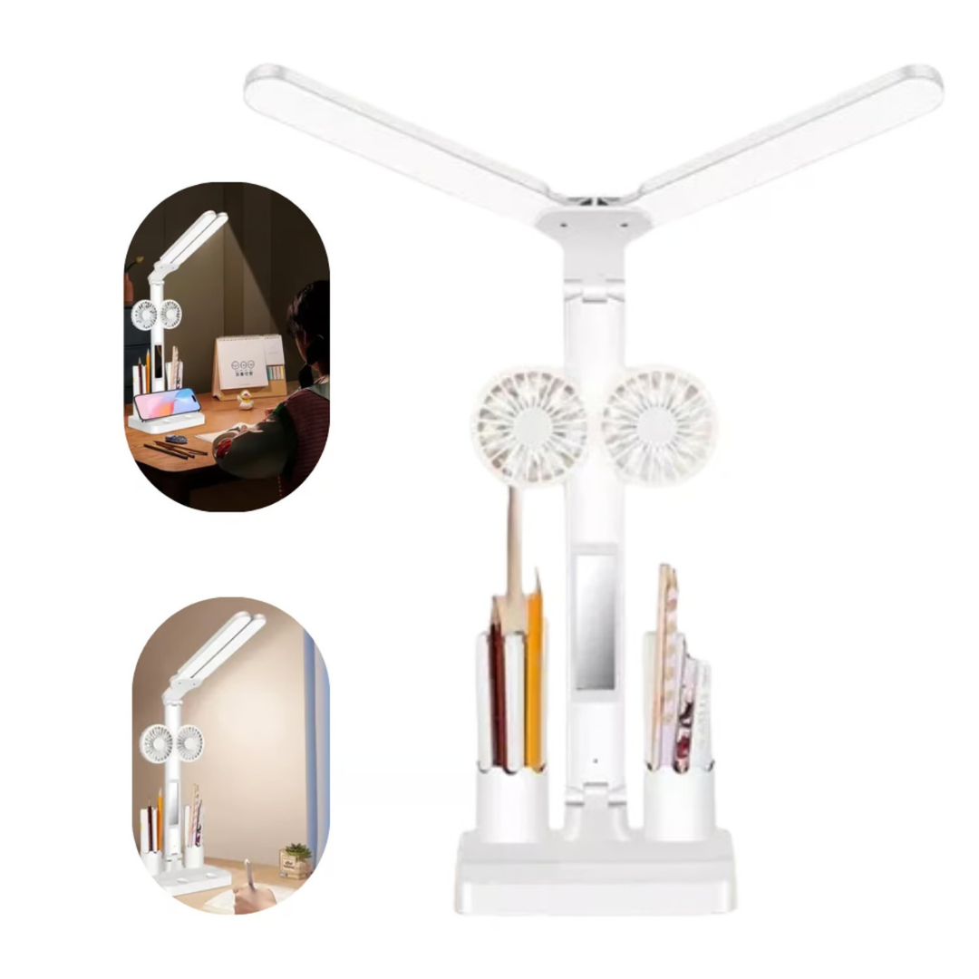 Lampara Ventilador de escritorio Luz Led, Espejo de mesa y Portalápices
